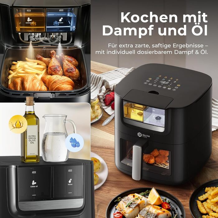 Бальтер Фритюрниця з гарячим повітрям Airfryer 5.5 л, 12 програм, з вікном, 100 рецептів, HL-551T (Чорний)