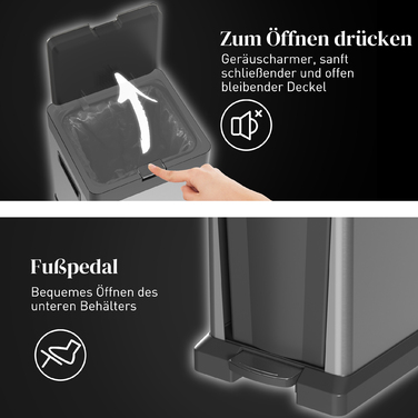 Сміттєвий відер з педаллю та розділенням 20+14 л, нержавіюча сталь, з кришкою та вийманими внутрішніми контейнерами, 32,5 x 31,5 x 78 см, сріблястий