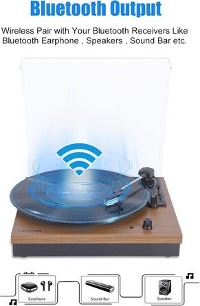 Вініловий програвач VOSTERIO з Bluetooth, зовнішніми HiFi стерео динаміками 2×15 Вт, 3 швидкості 33/45/78 об/хв, Aux-in, горіх
