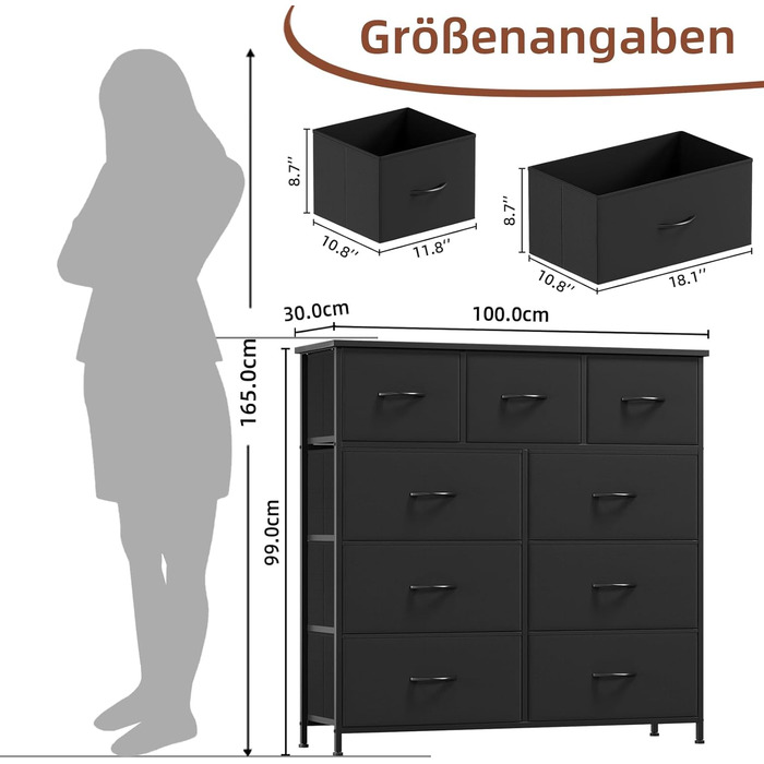 Комод Somdot з висувними ящиками, тканинний комод, комод для спальні, вітальні, передпокою, шафа для зберігання, 5 тканинних ящиків, білий колір (чорний, 30T x 100B x 96.5H см (9 ящиків))