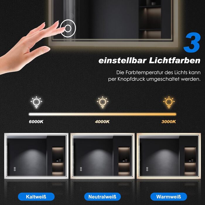 Дзеркало для ванної кімнати SONNI з підсвічуванням 80x60 см, 3 кольори світла, проти запотівання, LED, сенсорне керування, годинник, температура, 3x збільшення