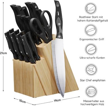 Набір ножів Messerblock: 19 предметів, нержавіюча сталь, з підставкою з дерева, для професійної кухні, з точильним каменем