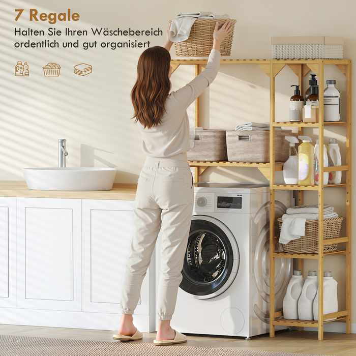 Поличкова система для пральної машини, з кількома відкритими відділеннями, для білизни та аксесуарів, виготовлена з бамбука.
