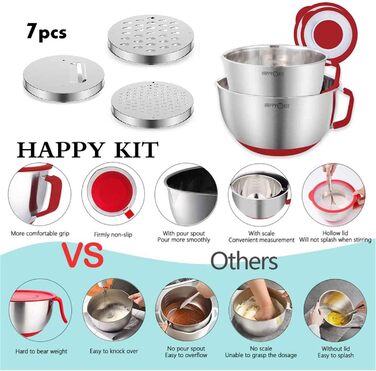 Набір мисок для перемішування HAPPY KIT з кришкою, 18/8 нержавіюча сталь, з виливом, протиковзкий, з 3 тертками, мірними позначками, розмір 5, 3QT (чорний), 2 шт.