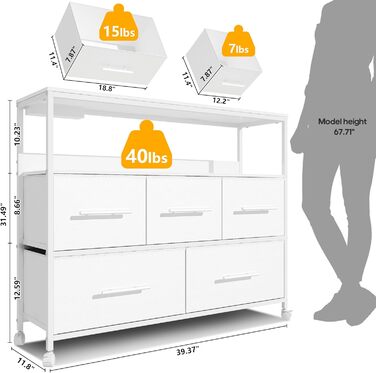Комод з док-станцією для зарядки, 5 контейнерів для тканини, тумба під телевізор і полиця, 4 рулони (білі)