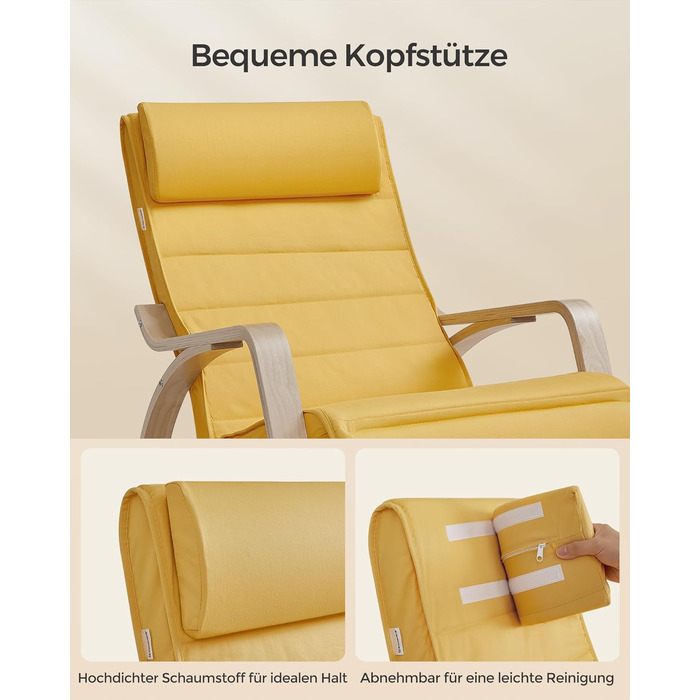 Крісло-гойдалка SONGMICS з підлокітниками з натурального дерева, регульована підставка для ніг, до 150 кг, для спальні/вітальні, темно-натуральний колір, бавовна/поліестер