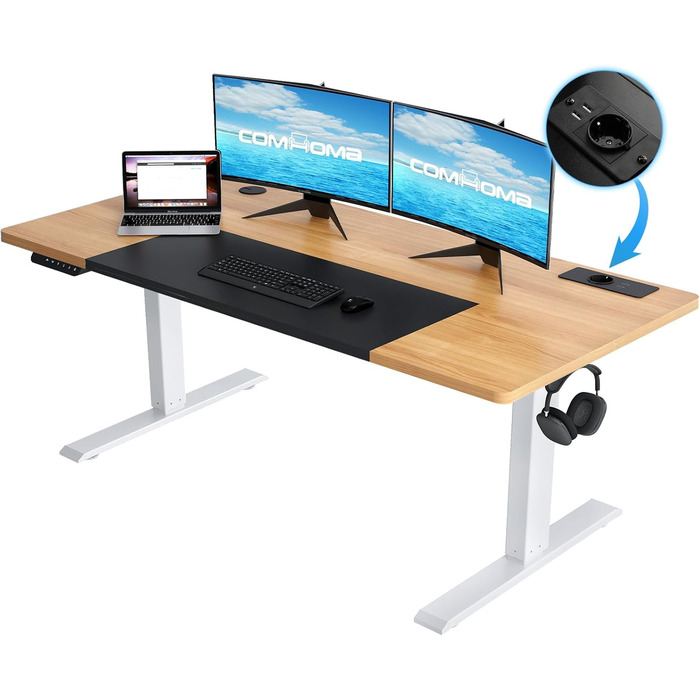 COMHOMA Стол письмовий регульований по висоті 160x70 см з USB-роз'ємом та гачками, Електричний стіл для комп'ютера, Стол для стоячи-сидячи, Піднятий стіл (Коричневий, 60*140 см)