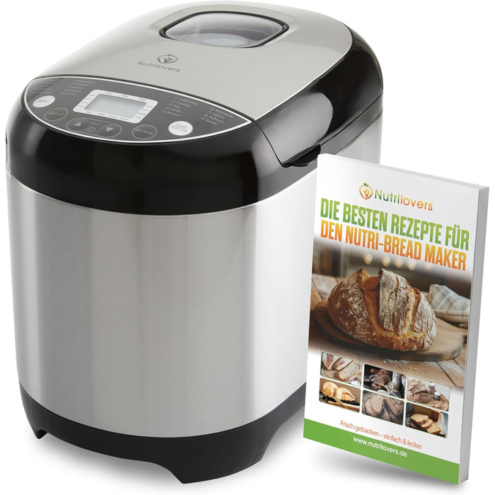 Nutrilovers Brotbackautomat з нержавіючої сталі: 19 програм, 3 розміри хліба, таймер, рецепти