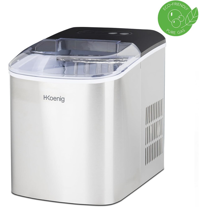 Льодогенератор H.Koenig ICEK12, 12 кг/добу, нержавіюча сталь, сріблястий - 2 розміри кубиків льоду, індикатор рівня води