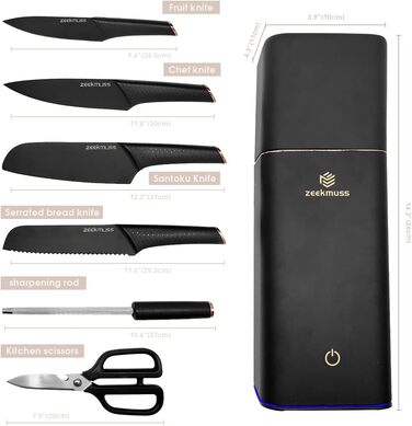 Набір ножів ZEEKMUSS: 6 ножів, точилка, кухові ножі з нержавіючої сталі, кухові ножі, кухорі ножиці, брусок для заточування, кухонні аксесуари, подарунок (чорний)