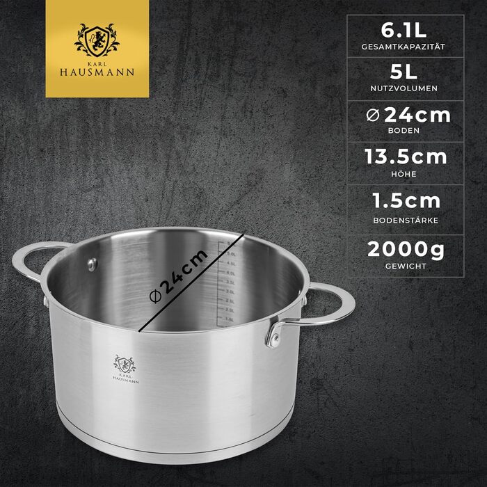 Нержавіюча каструля Karl Hausmann 3.6L з нержавіючої сталі з кришкою (20 см) - для всіх типів плит, включаючи індукцію