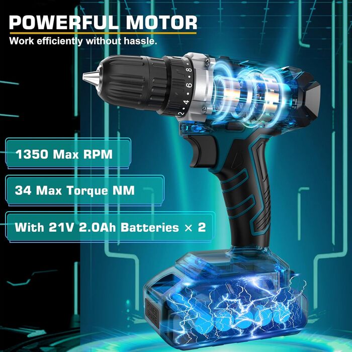 Набір інструментів Sundpey 255 предметів з акумуляторним дрилем-шуруповертом 21V, 2x2000mAh, синій - для дому та авто