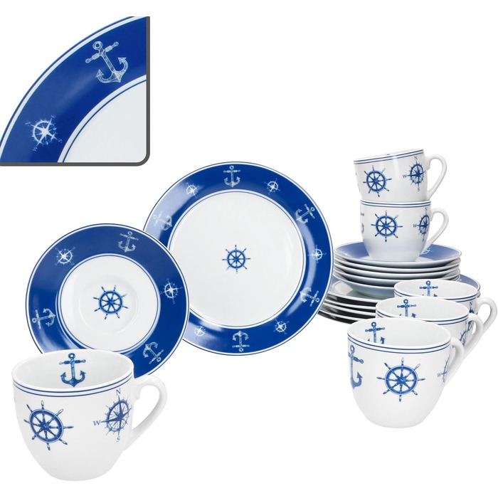 MamboCat AHOI кавовий сервіс 18 предметів (6 осіб) блакитно-білий порцелан з морськими мотивами (якір) | 6 чашок 200 мл, 6 тарілок, 6 підставок
