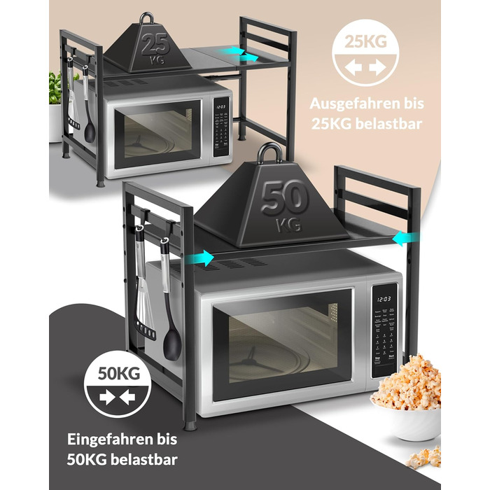 Підставка для мікрохвильової печі та кухонна полиця, сталева, 2-ярусна | Підставка для мікрохвильовки, шафка для мікрохвильовки, полиця для зберігання, полиця пекаря | Регульована висота та довжина, інструкція у відеоформаті, гачки - Чорний колір, 2 яруси