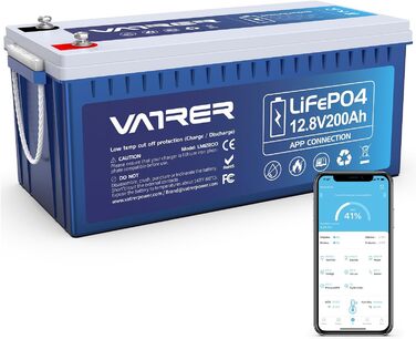 Літієва батарея VATRER POWER 12V 100AH LiFePO4 з Bluetooth, 100A BMS, 5000 циклів, 1280 Вт, захист від низької температури