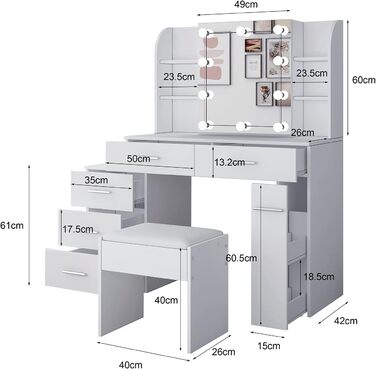 Туалетний столик Senvoziii з лампочками і розсувним дзеркалом, 5 ящиків, 6 полиць, табурет, білий