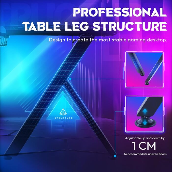 Ігровий стіл HENGMEI з підсвіткою 160x60x75 см, регульована висота, великий стіл для комп'ютера, чорний, Y-подібний каркас