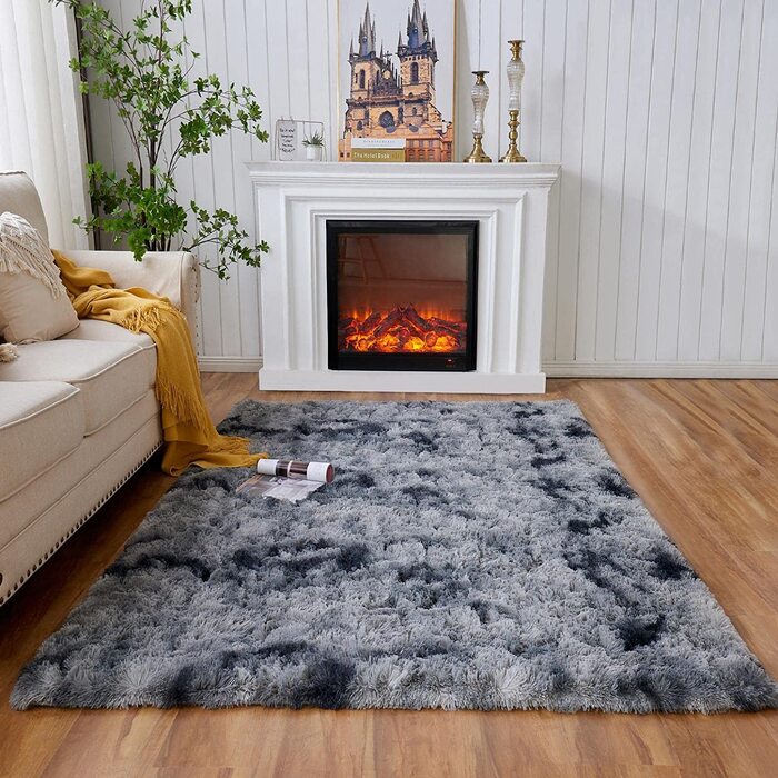 М'який пухнастий нековзний килим Evitany для спальні, ворсистий волохатий килим з високим ворсом для вітальні, довгий ворс (120 х 160 см, темно-сірий)