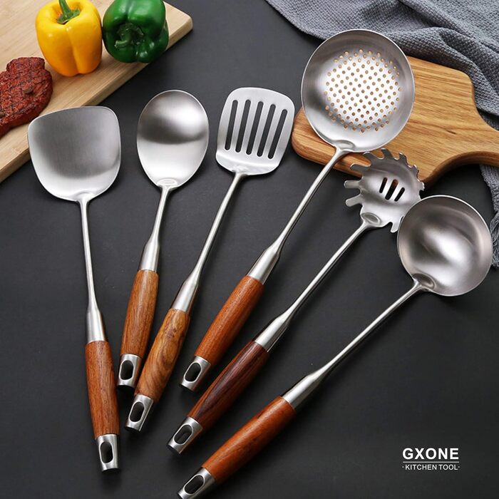 Набір кухонних аксесуарів GXONE, 7 предметів, нержавіюча сталь 304, з підставкою, стійкий до нагрівання дерев'яний ручка