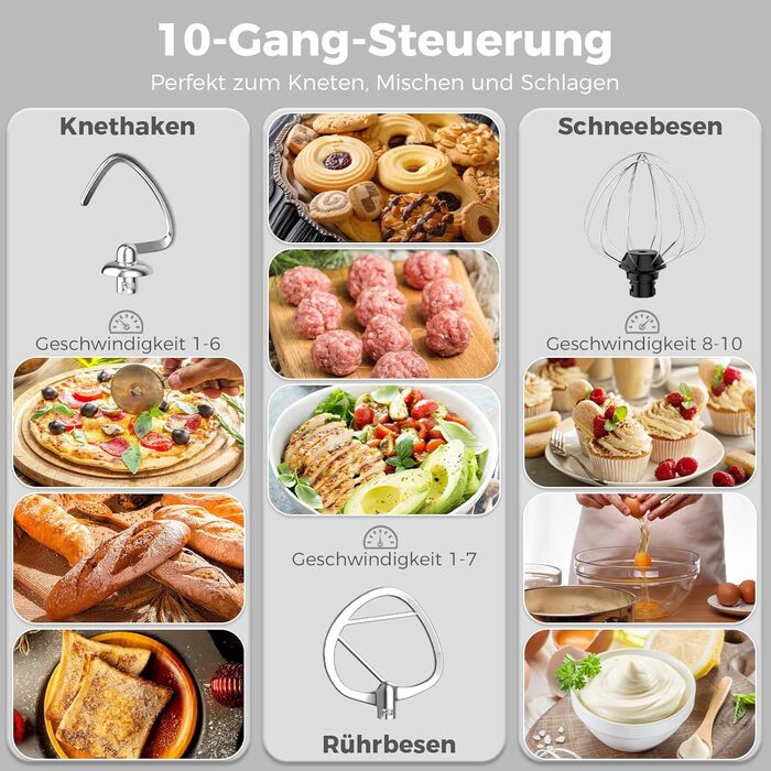 Кухонна машина YASHE 1500W з 2 чашами (4,5L та 5L), 10 швидкостей, нахилений корпус, з гаком для тіста, вінчиком та набором насадок, мультифункціональна