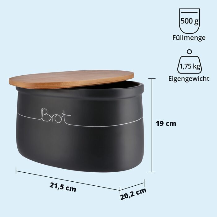 Контейнер для зберігання KHG, кераміка, сірий антрацит з дерев'яним кришкою, 4 кг, круглий, з маркуванням, 28 см & 21,5 см