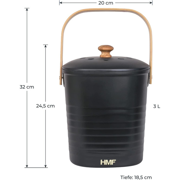 Кухонне відро для екологічно чистих органічних відходів HMF, герметичне по запаху відро для компосту з кришкою / 3 літри / чорний чорний 3 л