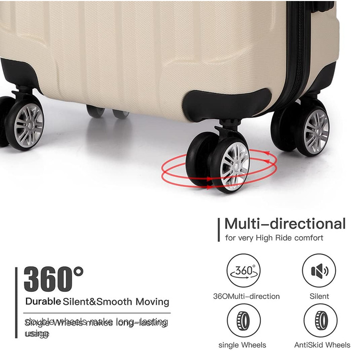 KONO Легкий ручний багаж, 55 x 35 x 20 см, жорсткий корпус, ABS, 4 колеса, бежевий колір