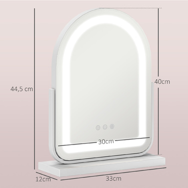 Дзеркало для макіяжу HOMCOM, 33 x 44,5 см, з LED-підсвічуванням, 3 колірні режими, 360° обертання, дзеркало для макіяжу з сенсорним керуванням, металевий каркас, біле | Aosom