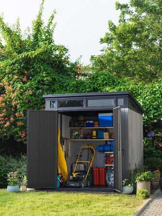 Сарай садовий Keter Artisan 7x7 з підлогою, похилим дахом, подвійними дверями та вікном, 214x218x226 см, 8.3 м³, сірий - для зберігання на вулиці