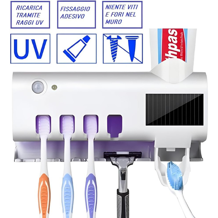 Тримач для зубних щіток для дезінфекції S.I.C UV зі світлодіодом, автоматичний дозатор зубної пасти, основне відділення для 4 зубних щіток