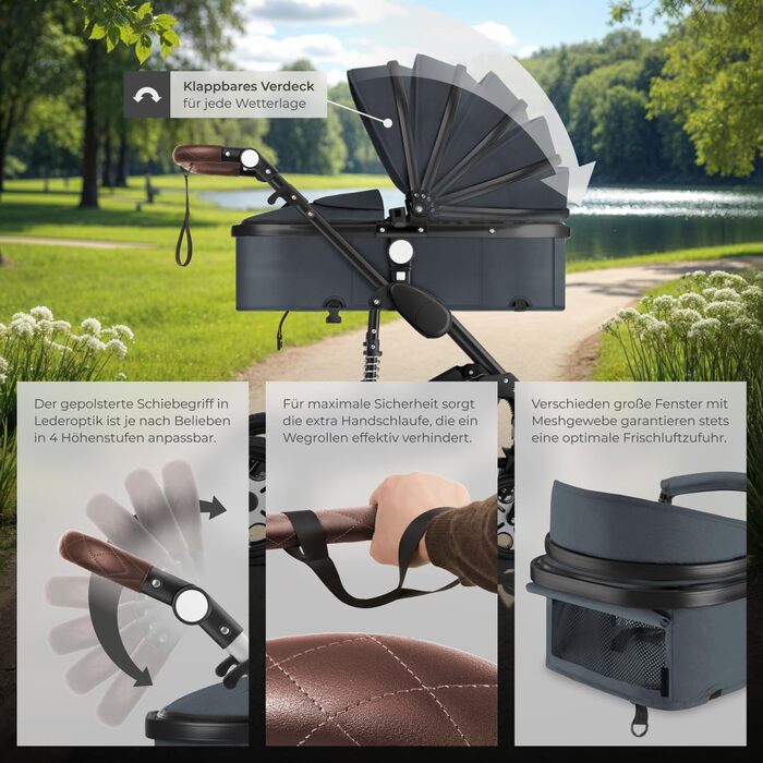 Дитяча коляска Tectake 2 в 1, розкладна, з люлькою, вагончиком, підстаканником, дощовиком, сірого кольору