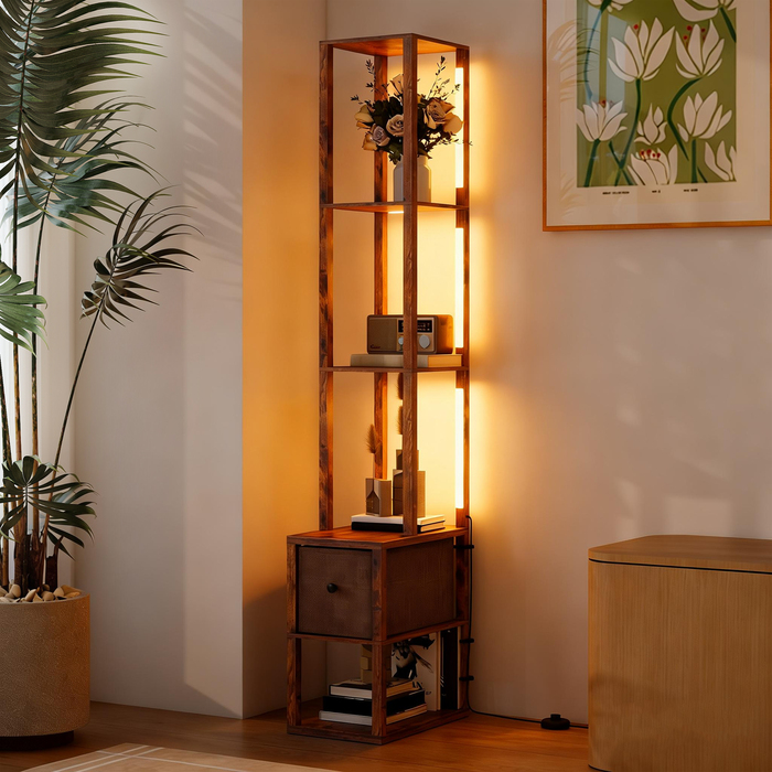 Світлодіодна настільна лампа з полицями, регульована яскравість, вимикач на нозі для спальні, рустикальний коричневий