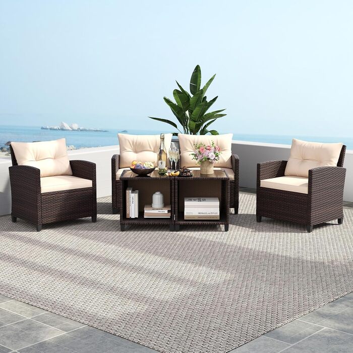 Садовий набір меблів GIANTEX з ротангу для балкона та тераси: 2 крісла та стіл, коричневий ротанг + коричневі подушки