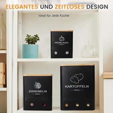 Набір контейнерів для зберігання картоплі, цибулі та часнику (3 шт) з бамбуковими кришками - Моз (Moz) - Чорний