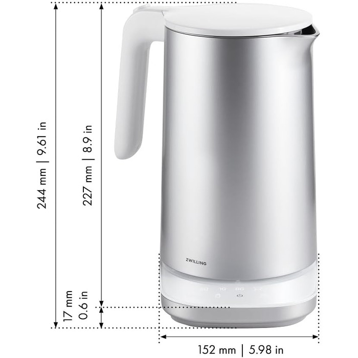 Електричний чайник ZWILLING Enfinigy Pro з регулюванням температури, фільтром від накипу, функцією підтримання тепла, бездротовий, 1850 Вт, 1,5 л, срібляний