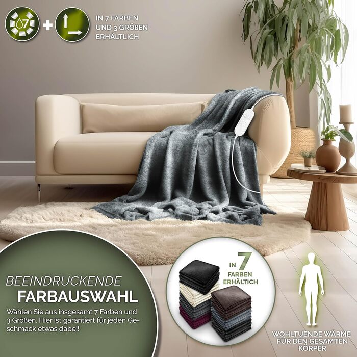 Електрична гріюча ковдра з плюшем | 160x120 см, світло-сіра | 9 температурних режимів, таймер, відключення, прання 40°C