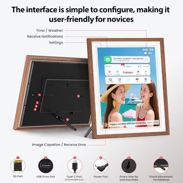 Frameo Цифровий фоторамка 10,1 дюйма, HD 1280*800 IPS сенсорний екран, 32GB пам'ять, автоповорот, Frameo App для обміну фото та відео, 15 дерев'яних текстур (білий)
