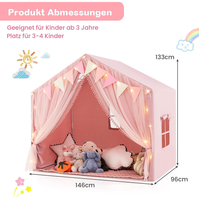 Палатка для дітей Costway Spielhaus, ігровий будиночок з килимком та світлом, рожева. Ідеально для дитячої кімнати, від 3 років.