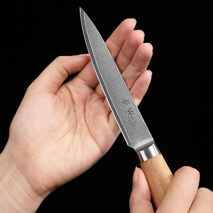 Ніж кухарський Wakoli з дамаської сталі (серцевина VG10), 20 см – гострий та збалансований – ніж з ручкою з оливкового дерева в подарунковій коробці – кухонний ніж Damask для професіоналів та любителів (універсальний)