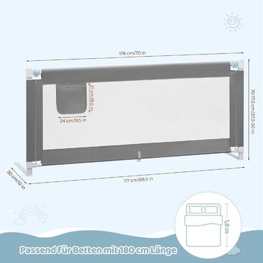 Бортик для ліжка WOLTU 150 см, захисний бар'єр для дітей та немовлят, регульована висота 69-87 см, тканина Оксфорд, метал, темно-сірий