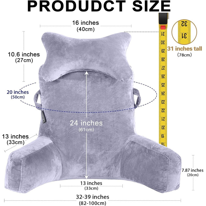 Крісло-мішок для читання з підголовником та підлокітником, сіре (X-Large)