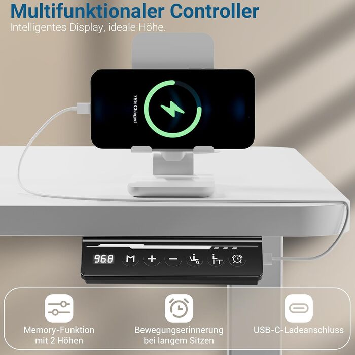 Регульований стіл 120x60 см з USB-C, електричний з пам'яттю, для офісу, стоячий, комп'ютерний, білий Pro