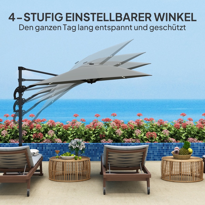 Outsunny Alu Centilever Parasol LED Solar Ø300 см регульована по висоті парасолька з кривошипною підставкою UV50+ Водовідштовхувальний ринок Обертовий ринок на 360° Нахилена садова парасолька Сонцезахисний захист для саду Балкон Темно-сірий
