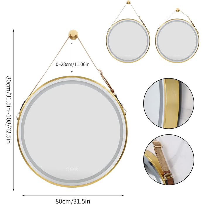 Дзеркало для ванної кімнати LUVODI кругле, 80 см, з підсвічуванням, золото, з сенсорним вимикачем, проти запотівання