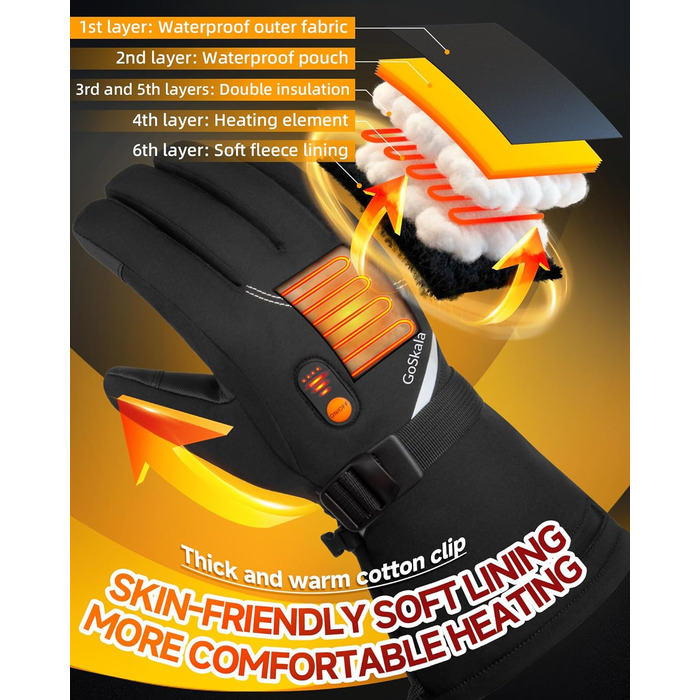 GoSkala Електричні гріючі рукавички для чоловіків, з акумулятором 7.4V 6000Ah, 3 режими нагріву, сенсорний екран, водонепроникні, з функцією Quick Dry, для катання на лижах, зимові рукавички (L, Чорний)