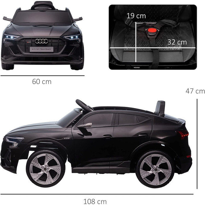 Дитячий електромобіль Audi E-tron 12V HOMCOM, з пультом, ременем безпеки, музикою (MP3/USB/TF), для дітей 3-5 років, чорний