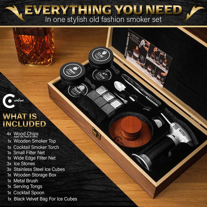 Набір для копчення коктейлів з ліхтариком: Раух-Ей для віскі та бурбон. Набір для копчення напоїв з коробкою, трісками та аксесуарами.