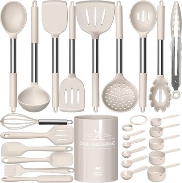Набір кухонних помічників, 26 предметів: силіконове кухонне приладдя з нержавіючою сталею, стійке до нагрівання, з підставкою, антипригарне, для посудомийної машини - Хакі
