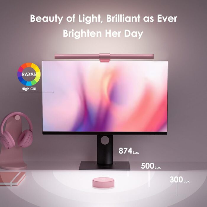 Quntis Лампа для монітора з підсвічуванням 51 см з пультом, захист від синього світла, регулювання яскравості, для ПК, офісу та дому (ScreenLinear Glow Rosa)
