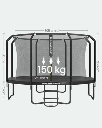 Батут SONGMICS для дітей вуличний Ø305 см з захисною сіткою та драбиною, чорний